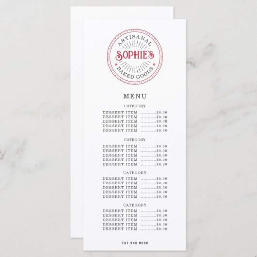 Baker Bakery Pastry Chef Catering Flat Menu (Voorkant / Achterkant)