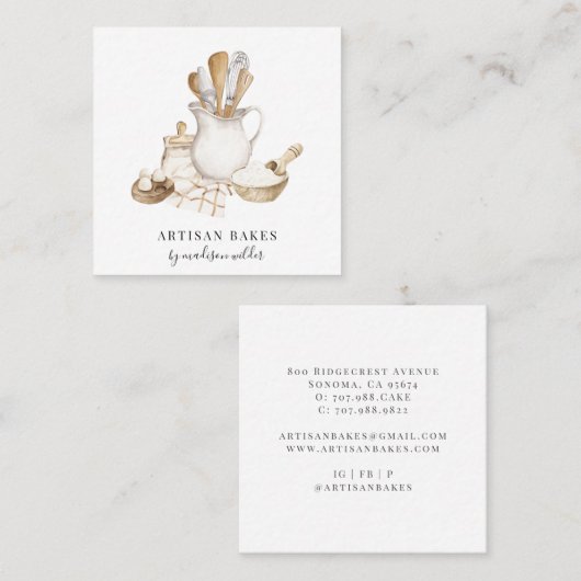 Baker Bakery Pastry Chef Waterverf Vierkante Visitekaartje (Voorkant / Achterkant)