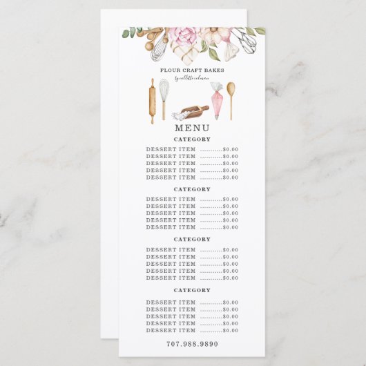 Baker Bakery Waterverf Bakers Tools Utensiemenu Menu (Voorkant / Achterkant)