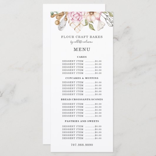 Baker Bakery Waterverf Bakers Tools Utiers Menu (Voorkant / Achterkant)