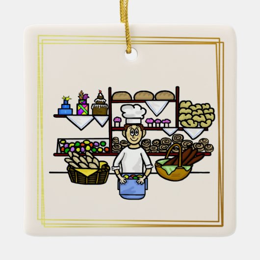Baker bij zijn kerst-kerstversiering op bakkerij keramisch ornament (Voorkant)