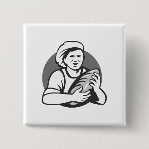 Baker Holding Brood Loaf Grayscale Retro Vierkante Button 5,1 Cm