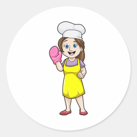 Baker met schort voor koken en handschoenen ronde sticker (Voorkant)