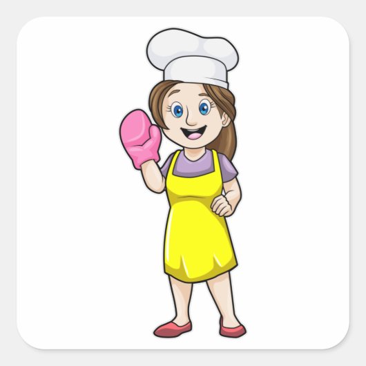 Baker met schort voor koken en handschoenen vierkante sticker (Voorkant)