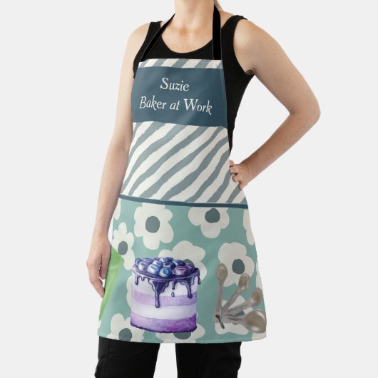 Baker op het werk Blauwgroen Stripes en bloemen Schort (Insitu)