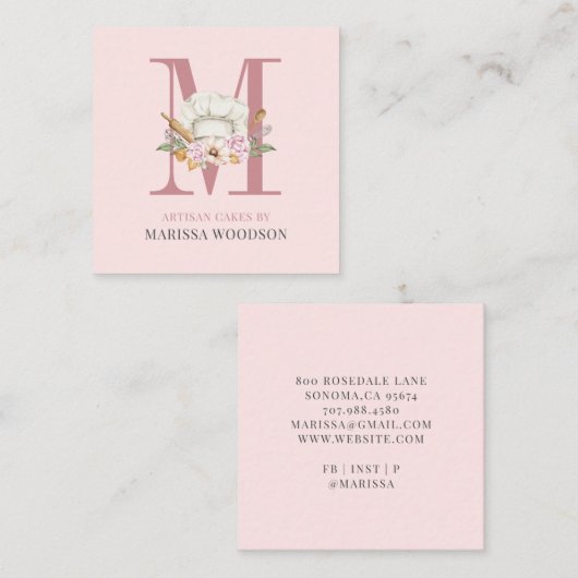 Baker Pastry Chef Bakers Tools Roze Square Busines Vierkante Visitekaartje (Voorkant / Achterkant)