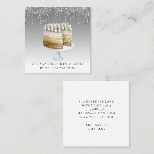 Baker Pastry Chef Cake Silver Glitter Drivers Vierkante Visitekaartje (Voorkant / Achterkant)