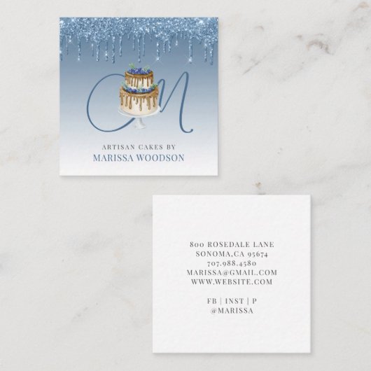Baker Pastry Chef Elegant Cake Blue Glitter Driver Vierkante Visitekaartje (Voorkant / Achterkant)