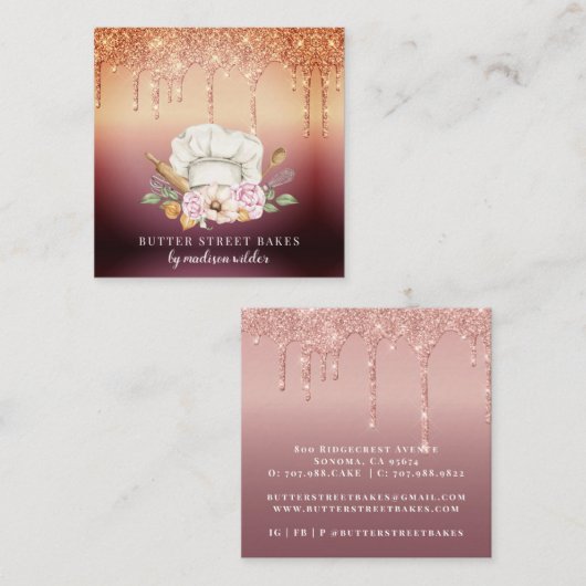 Baker Pastry Chef Glitter Drift Roos Gold Vierkante Visitekaartje (Voorkant / Achterkant)