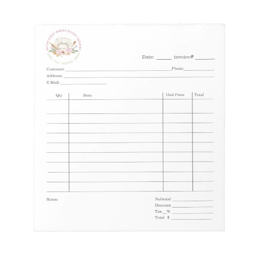 Baker Pastry Chef Pet Dessert Cater Invoice Pad Notitieblok (Voorkant)