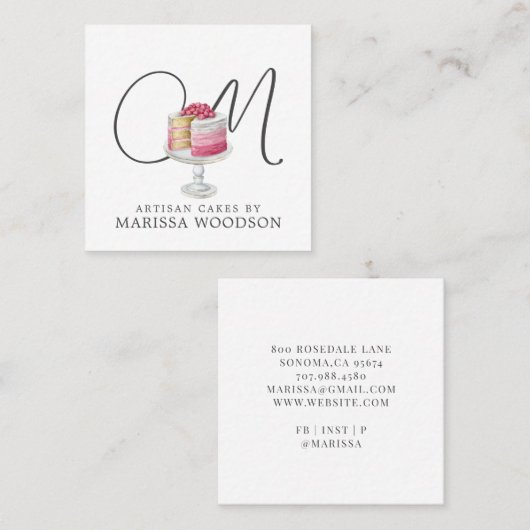Baker Pastry Chef Pink Elegant Cake Monogramed Vierkante Visitekaartje (Voorkant / Achterkant)