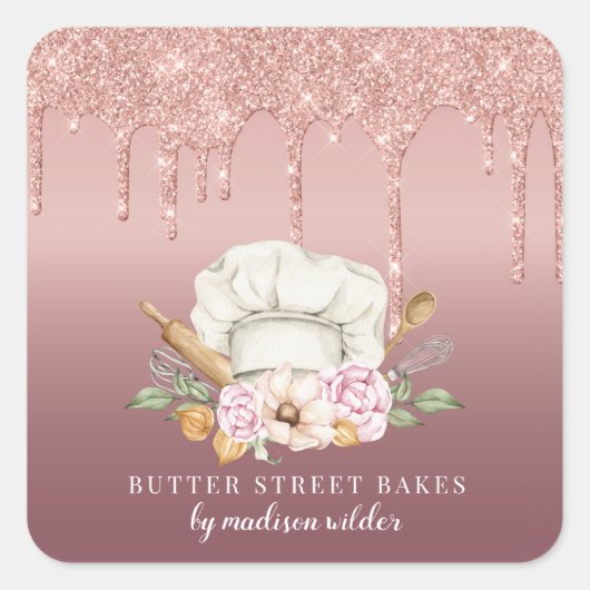 Baker Pastry Chef Roos Gold Glitter Drivers Produc Vierkante Sticker (Voorkant)