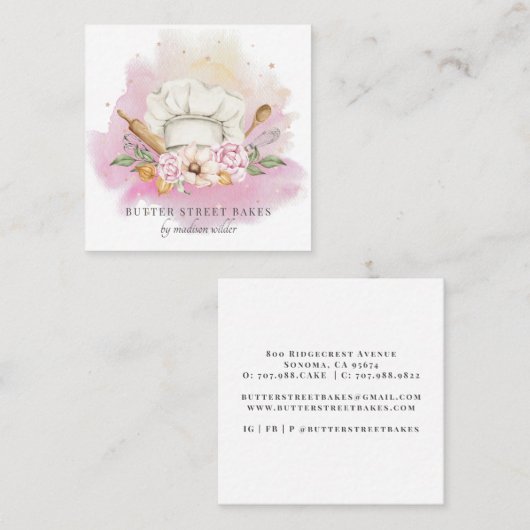 Baker Pastry Chef Waterverf Bakery Vierkante Visitekaartje (Voorkant / Achterkant)