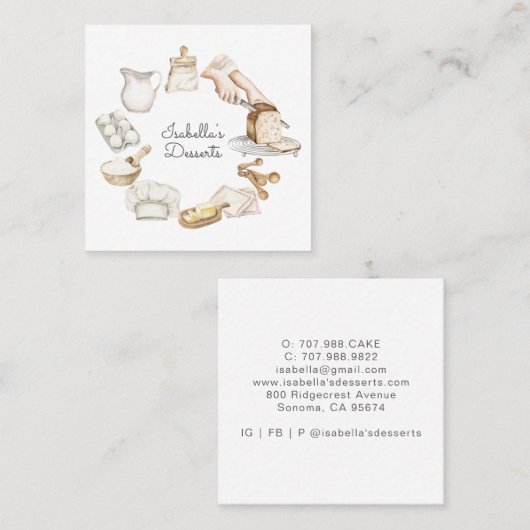Baker Pastry Chef Waterverf Baking Ingrediënten Vierkante Visitekaartje (Voorkant / Achterkant)