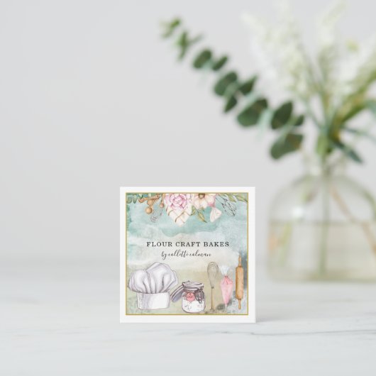 Baker Pastry Chef Waterverf Baking Tools Vierkante Visitekaartje (Staand voorkant)
