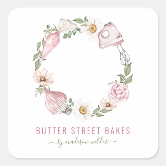 Baker Pastry Chef Waterverf Baking Utensil Floral Vierkante Sticker (Voorkant)