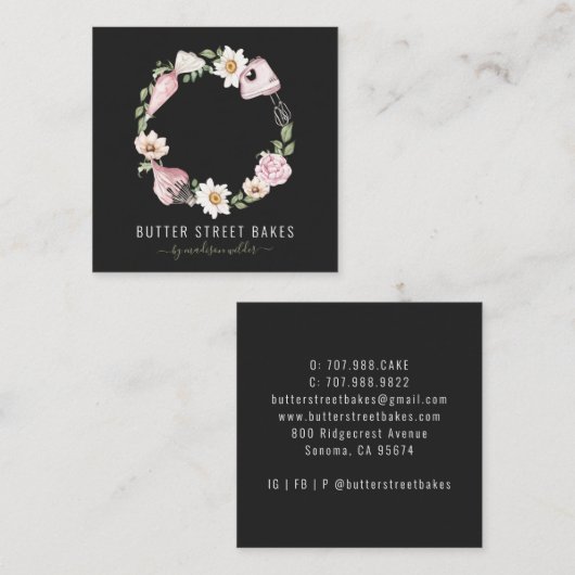 Baker Pastry Chef Waterverf Baking Utensil Floral Vierkante Visitekaartje (Voorkant / Achterkant)