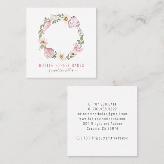 Baker Pastry Chef Waterverf Baking Utensil Floral Vierkante Visitekaartje (Voorkant / Achterkant)