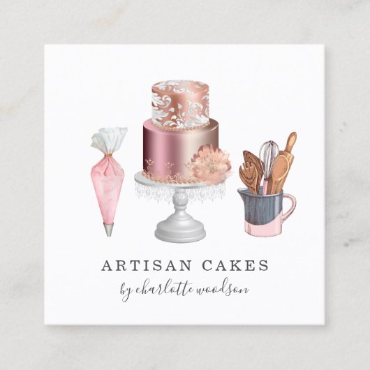 Baker Pastry Chef Waterverf Cake Baking Utensils Vierkante Visitekaartje (Voorkant)