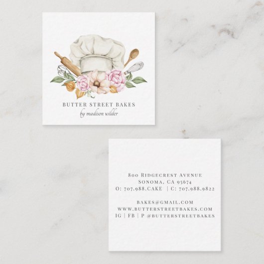 Baker Pastry Chef Waterverf Chef Pet Vierkante Visitekaartje (Voorkant / Achterkant)