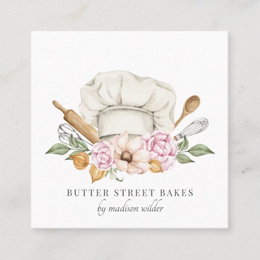 Baker Pastry Chef Waterverf Chef Pet Vierkante Visitekaartje (Voorkant)