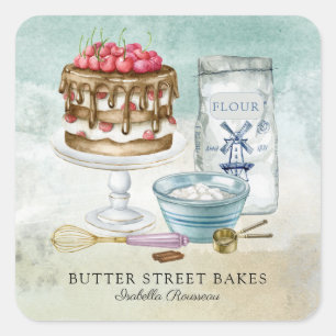 Baker Pastry Chef Waterverf Square Visitekaartje Vierkante Sticker