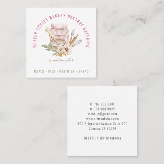Baker Pastry Chef Waterverf Vierkante Visitekaartje (Voorkant / Achterkant)