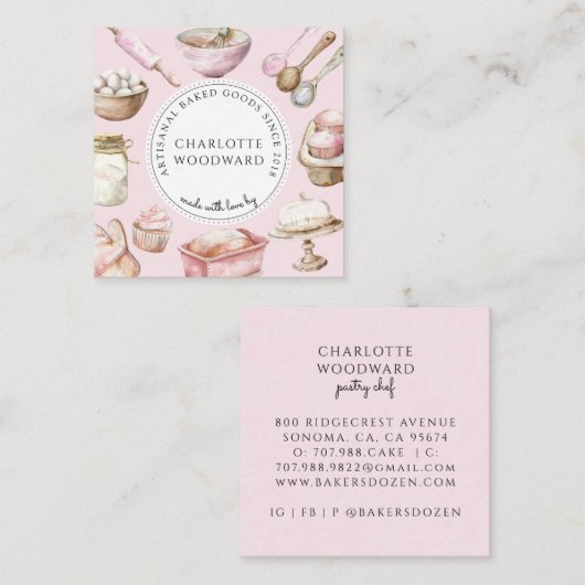 Baker Pink Watercolor Desserts Utensils  Vierkante Visitekaartje (Voorkant / Achterkant)