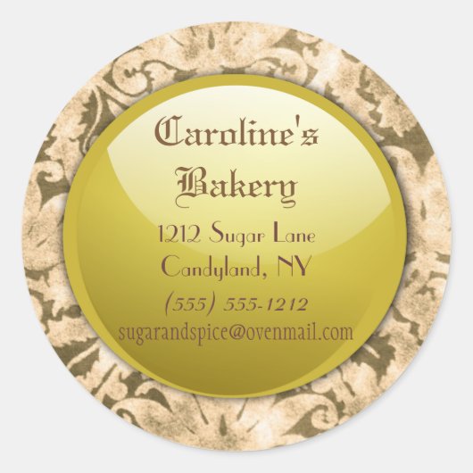 Bakerij en Bakkerij Boutique, Gouden Damast Ronde Sticker (Voorkant)