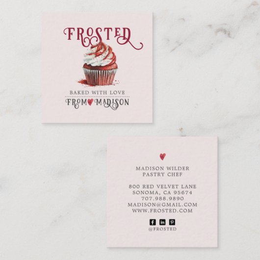 Baker's Cupcake Logo Calligraphy Script Roze Vierkante Visitekaartje (Voorkant / Achterkant)