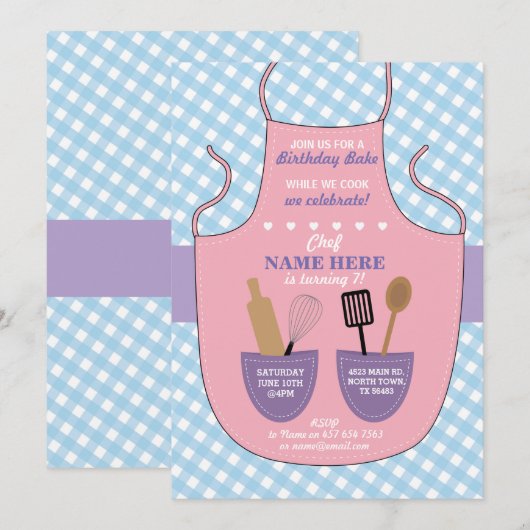 Bakery Apron Birthday Party Girls Cookies Invite Kaart (Voorkant / Achterkant)