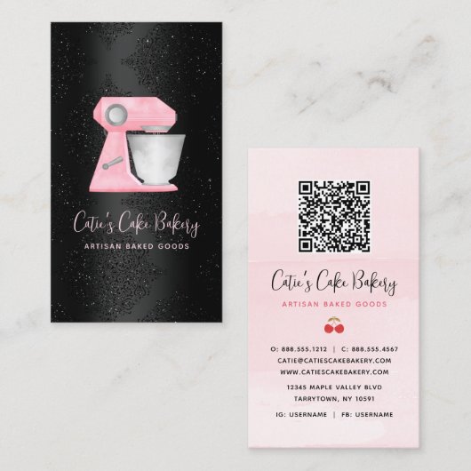 Bakery Blush Roze Mixer QR Code op Zwarte Damast Visitekaartje (Voorkant / Achterkant)