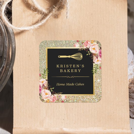 Bakery Chef Whisk Logo | Floral Gold Glitter Vierkante Sticker