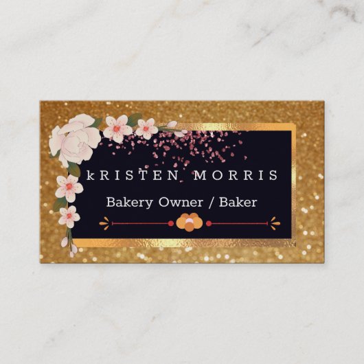 Bakery Chef Whisk Logo | Floral Gold Glitter Visitekaartje (Voorkant)