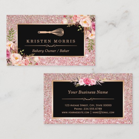 Bakery Chef Whisk Logo | Floral Roos Gold Glitter Visitekaartje (Voorkant / Achterkant)
