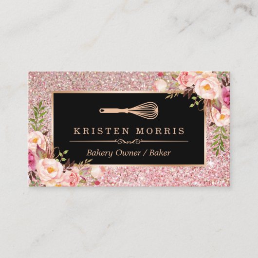 Bakery Chef Whisk Logo | Floral Roos Gold Glitter Visitekaartje (Voorkant)