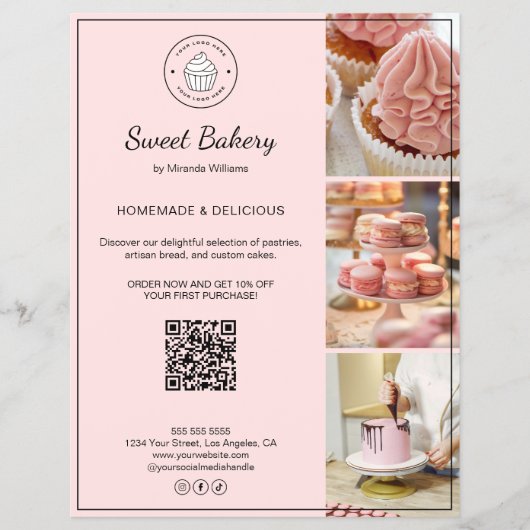 Bakery Custom Logo Photo QR Code Pink Flyer (Voorkant)
