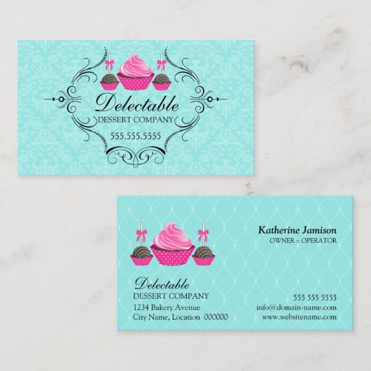 Bakery Damask Aqua Pink Visitekaartje (Voorkant / Achterkant)