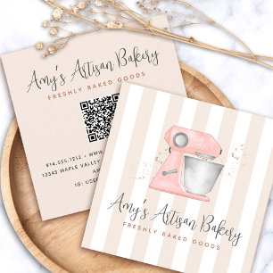 Bakery Keuken Roze Mixer Beige Strepen QR Code Vierkante Visitekaartje