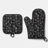 Bakery Kitchen Symbols Pattern Black  Ovenwant & Pannenlap Set (Voorkant)