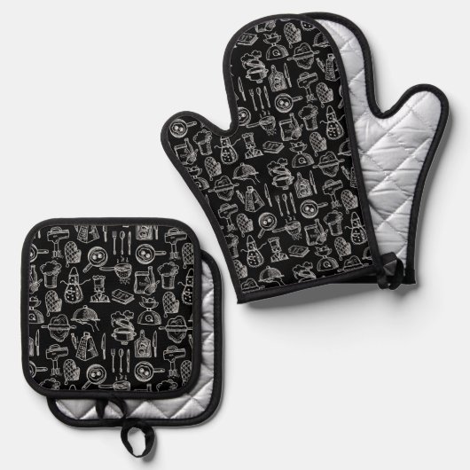 Bakery Kitchen Symbols Pattern Black  Ovenwant & Pannenlap Set (Voorkant / Achterkant)
