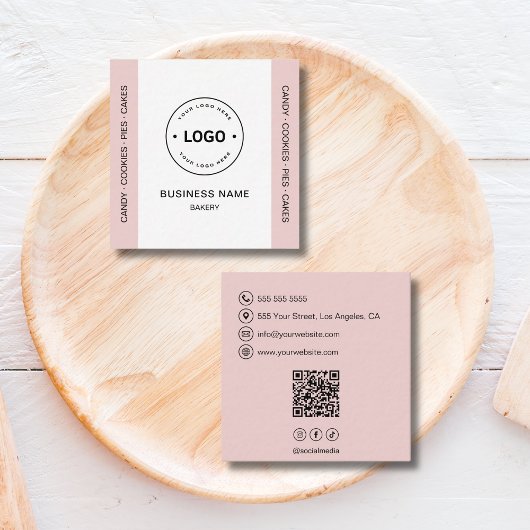 Bakery Logo QR Code Social Media Blush Pink Vierkante Visitekaartje