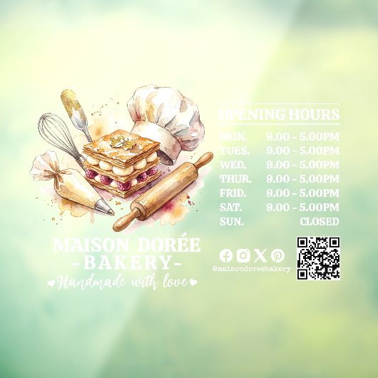 Bakery Pastry Chef Baking Catering Opening Hours Raamsticker (Vel 3)