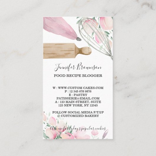 Bakery Pastry Chef Roze Flowers Boho Visitekaartje (Achterkant)