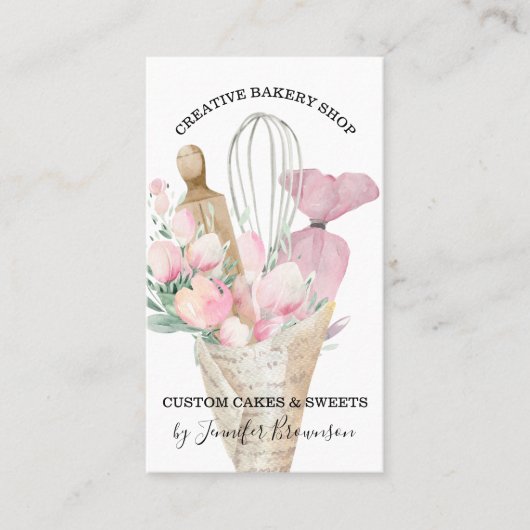Bakery Pastry Chef Roze Flowers Boho Visitekaartje (Voorkant)