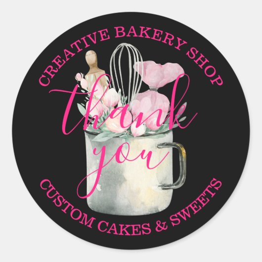 Bakery Pastry Chef schattig roze zwart bedankt Ronde Sticker (Voorkant)