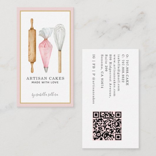 Bakery Pastry Chef Watercolor Utensils QR Code Visitekaartje (Voorkant / Achterkant)
