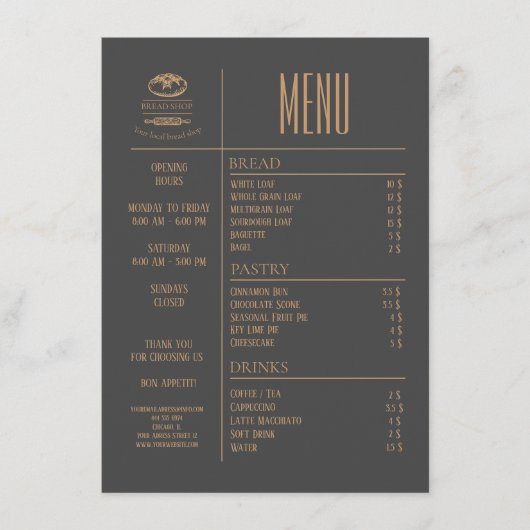 Bakery Small Caffee Table Menu (Voorkant)