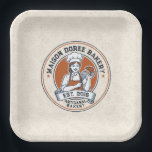 Bakery Store Pastry Chef Dessert Sweets Cake Baker Papieren Bordje<br><div class="desc">This vintage-style circular logo features a cheerful female pastry chef wearing a traditional white chef's hat and apron. She is framed by a warm orange circular backdrop and holds a wire whisk in one hand and a flaky croissant in the other, symbolizing her culinary expertise. Below her, a blank, elegant...</div>