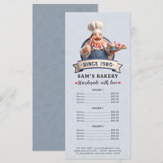 Bakery Store Pastry Chef Desserts Sweet Price List Menu (Voorkant / Achterkant)